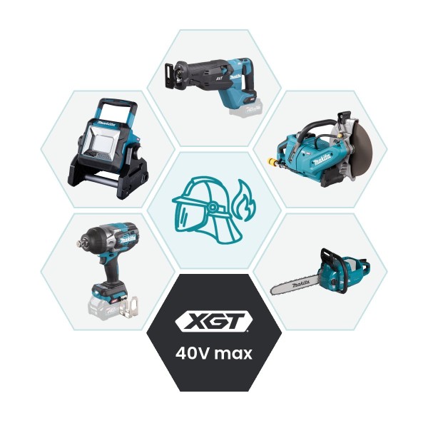 Makita 40V max XGT Set-Konfigurator für Feuerwehr – Beispielauswahl: Säbelsäge, Trennschleifer, Kettensäge, Schlagschrauber, Baustrahler