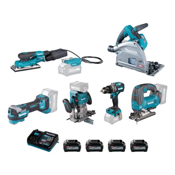 Makita 40V XGT Fertig-Set für Tischler: SP001GZ, RP001GZ, JV002GZ, BO007CGZ, HP001GZ, TM001GZ, DC40RA, 4x BL4025