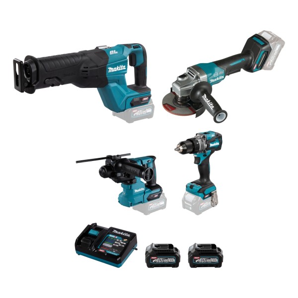 Makita 40V XGT Fertig-Set für Elektriker: HR010GZ, HP001GZ, GA013GZ, JR001GZ, DC40RA, 2x BL4025