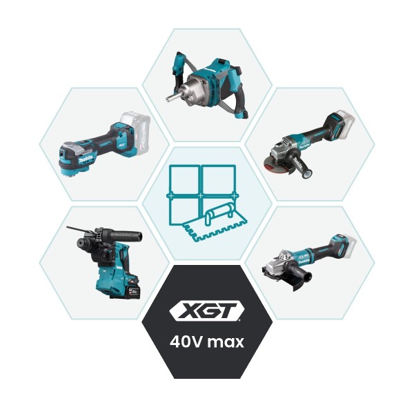 Makita 40V max XGT Set-Konfigurator für Fliesenleger – Beispielauswahl: Rührwerk, Winkelschleifer, Großwinkelschleifer, Kombihammer, Multitool