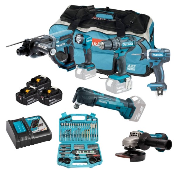 Makita 18V LXT 6-tlg. Kombi-Tool-Kit mit 3 x 5.0Ah Akku, Ladegerät & 101-tlg. Bit-Set