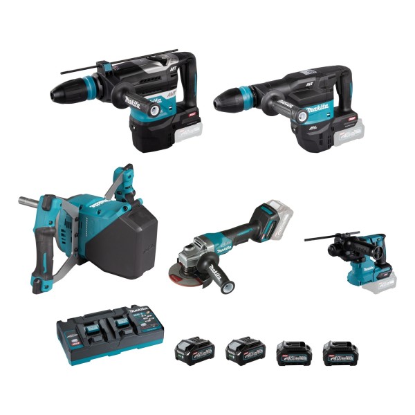 Makita 40V XGT Fertig-Set für Maurer: HR005GZ, HM001GZ, UT001GZ, HR010GZ, GA013GZ, DC40RB, 2x BL4040, 2x BL4025
