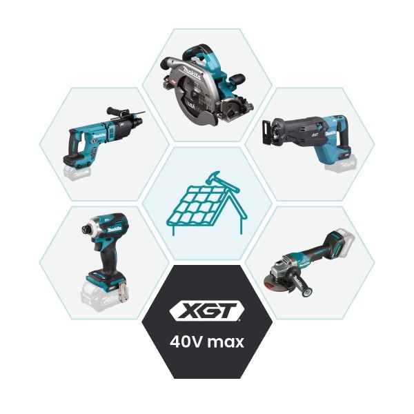 Makita 40V max XGT Set-Konfigurator für Dachdecker – Beispielauswahl: Handkreissäge, Säbelsäge, Winkelschleifer, Schlagschrauber, Bohrhammer