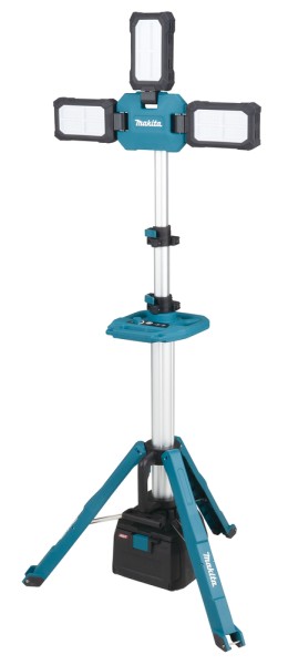 Makita ML014G Akku-LED-Baustrahler – teleskopierbares Stativ mit drei 360° verstellbaren LED-Leuchtköpfen