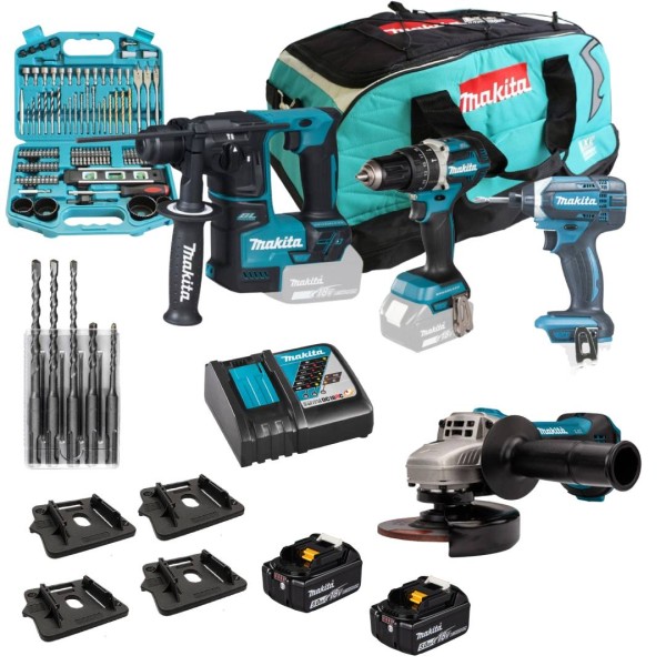 MAKITA 18V 4-tlg. Kombo-Kit – Mit 2 x 5Ah Akkus, SDS Bohrer-Set D-03888 & 101-tlg. P-67832 Bit-Set