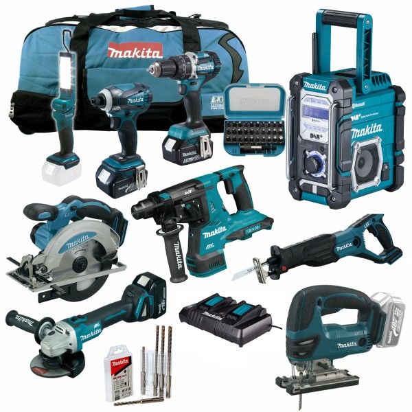 Makita Set 2x18V Akku Kombihammer DHR280 Winkelschleifer DGA513 DHP484 DJR186