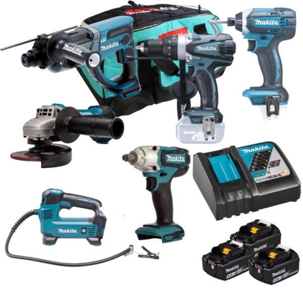 Makita 18V LXT 6-tlg. Kombi-Tool-Kit mit DMP180 Kompressor & DTW190 Schlagschrauber