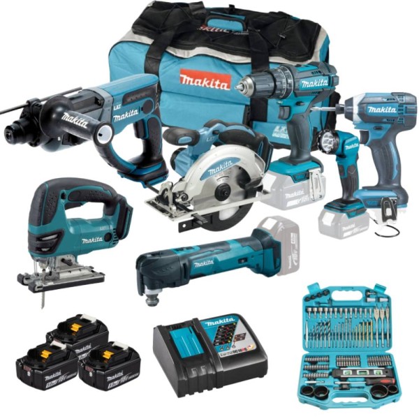 Makita 18V 7-tlg. Kombi-Tool-Kit mit 3 x 5.0Ah Akku, Ladegerät & 101-tlg. Bit-Set