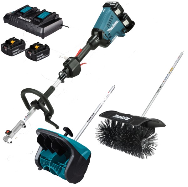 Makita DUX60Z + SN400MP Schneefräsen- und BR400MP Bürsten-Aufsatz + 2 Akkus & Doppelladegerät