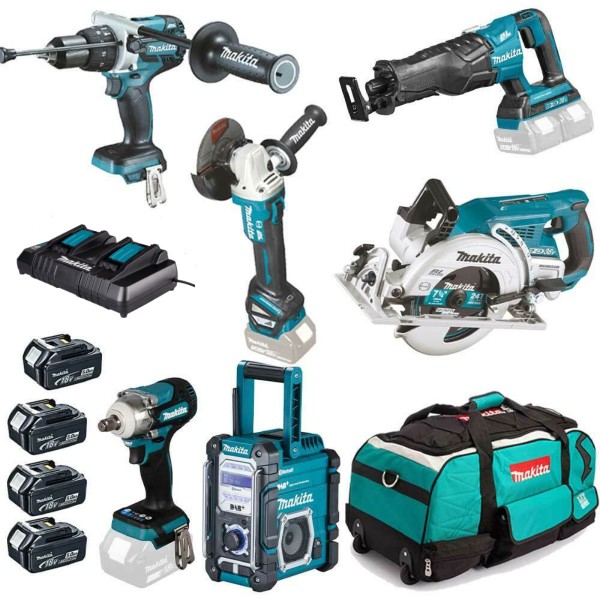 Makita Akku Werkzeug Set DRS780 DTW300 DGA513 DJR360 DHP486 inkl. 4x Akkus